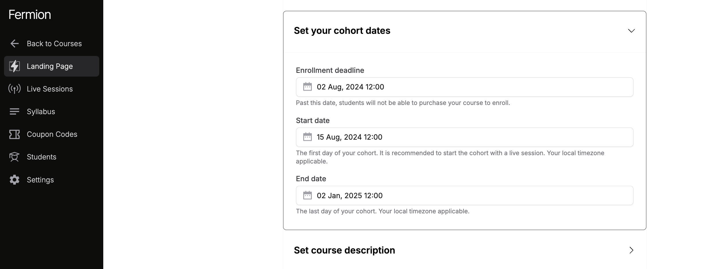 cohort creation lading page